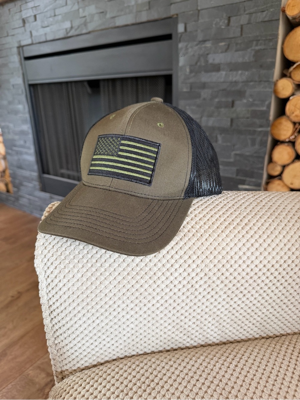 Olive Green Mesh Back Trucker Hat with Flag Patch - Men or Women